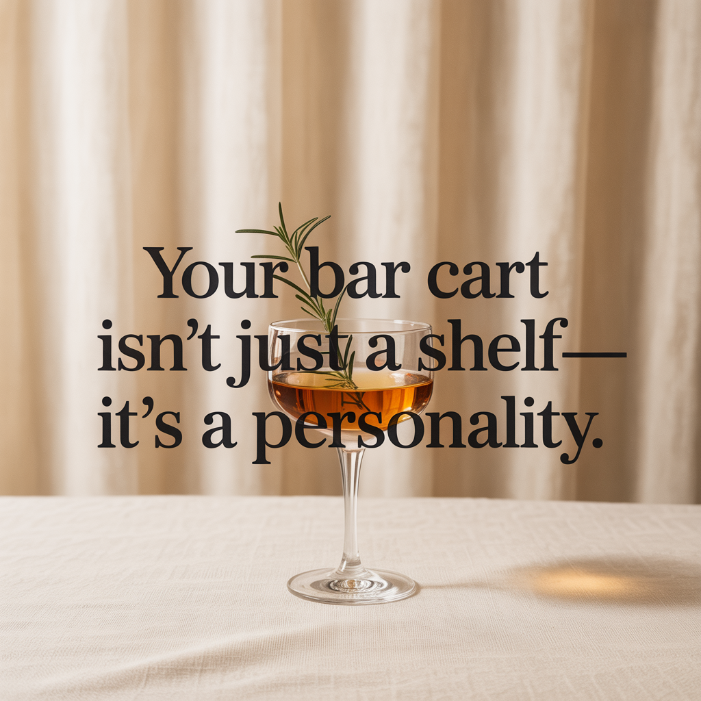 Minimalist cocktail aesthetic with a coupe glass of amber drink garnished with rosemary, set on a cream linen tablecloth against soft beige curtains. Overlaid text reads: 'Your bar cart isn’t just a shelf—it’s a personality.' A stylish quote graphic perfect for Pinterest or Instagram