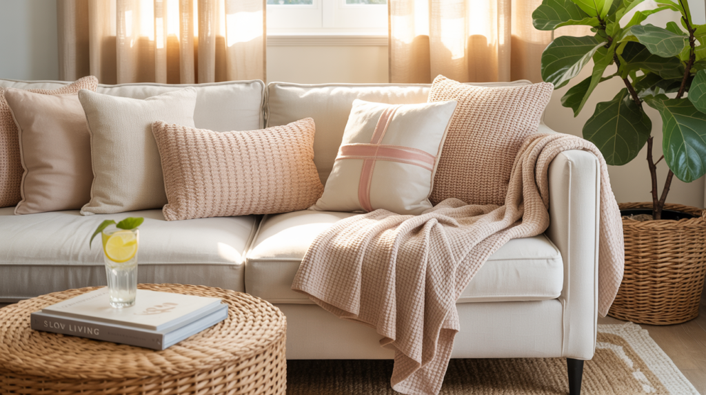 Sunlit summer living room featuring a cream sofa styled with blush pink and textured neutral throw pillows, plus a soft waffle-knit blanket draped over the side. A round woven coffee table holds a glass of lemon water and a book titled "Slow Living." Sheer beige curtains let in warm afternoon light, and a large leafy plant in a woven basket adds a fresh, natural touch. The room feels warm, relaxed, and effortlessly styled.
