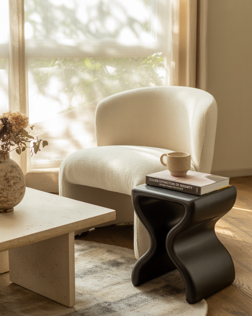 Modern cozy corner with a white boucle accent chair beside a sculptural black side table stacked with design books and a neutral ceramic mug. A textured travertine coffee table sits nearby with a rustic vase holding dried florals. Sheer curtains filter soft daylight, casting leafy shadows across the floor, creating a serene, editorial-inspired moment in a minimalist space.