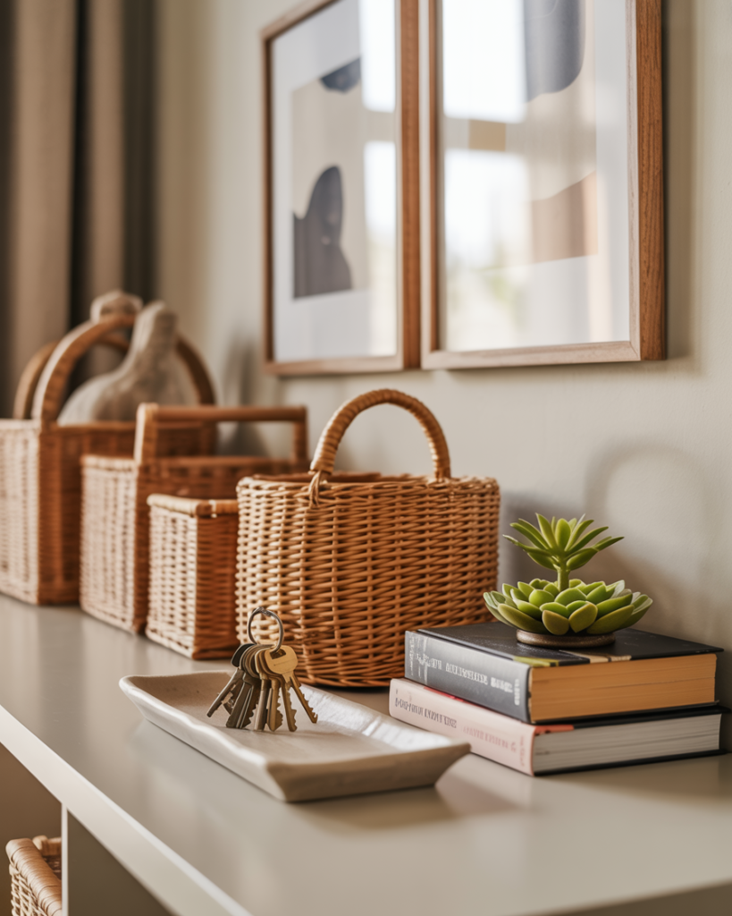 Stylish entryway console table featuring a row of woven rattan baskets, a ceramic key tray with a stack of keys, a small succulent plant, and neatly stacked books. Abstract art prints in wooden frames hang above, while soft natural light and neutral tones create a calm, organized, and welcoming atmosphere.