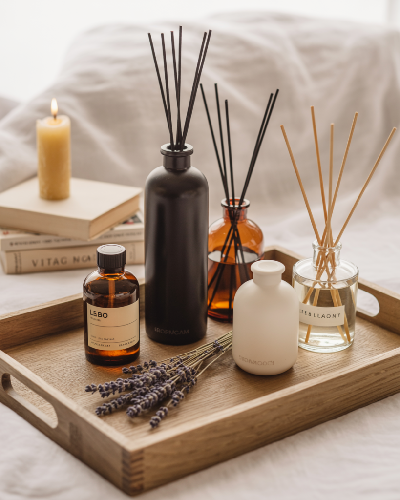 Cozy tray styling with a mix of amber, matte black, white, and clear reed diffusers, dried lavender, and a lit taper candle. Stacked books and soft bedding in the background create a calm, sensory-rich self-care aesthetic.
