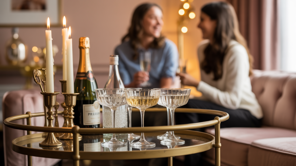 Cozy bar cart scene with champagne coupes, tall brass candlesticks, and a bottle of bubbly, set on a gold-framed mirrored cart. In the background, two women are smiling and chatting on a blush pink tufted sofa, enjoying a relaxed celebration with soft lighting and festive ambiance.