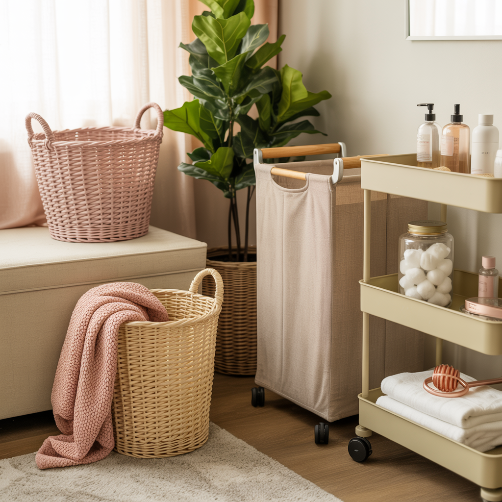 Aesthetic dorm room corner featuring a blush pink woven basket, neutral rolling laundry hamper with wood handles, beige fabric ottoman, and a 3-tier cream utility cart styled with cotton jars, skincare, and folded towels. Cozy textures, soft sunlight through sheer curtains, and a faux fiddle leaf fig create a clean, spa-like vibe. Ideal for dorm organization and small space styling.