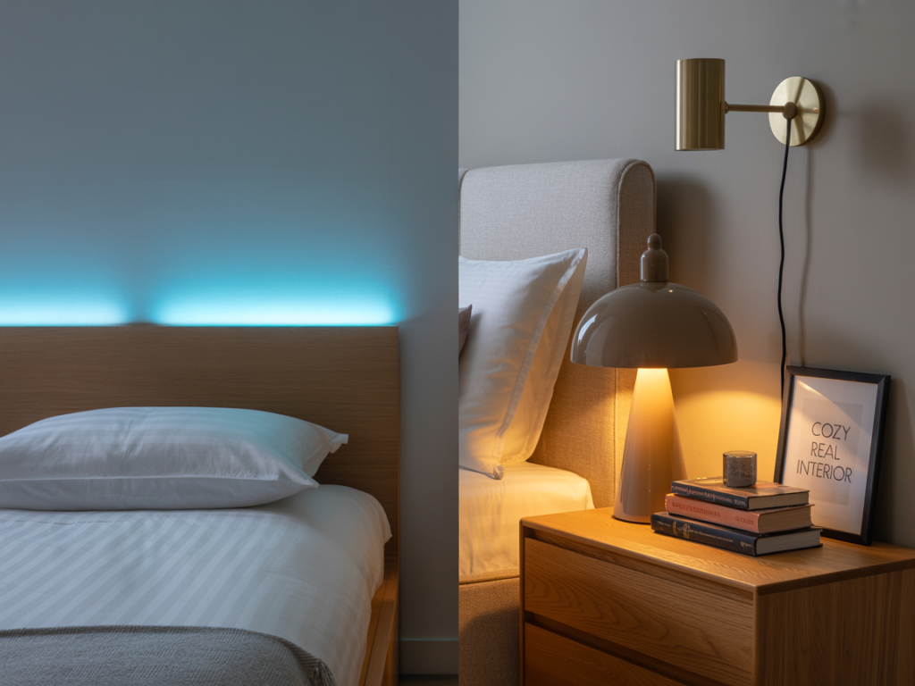 Split-view of a bedroom showcasing two lighting styles: left side features a cold blue LED strip behind a wooden headboard for a futuristic, sterile effect, while the right side exudes warmth with a mushroom table lamp, brass wall sconce, stacked books, and framed art on a wood nightstand, creating a cozy and lived-in ambiance.