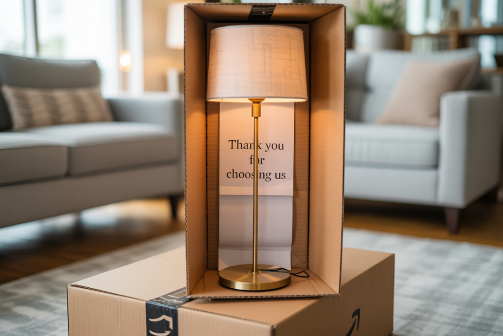 Stylish gold table lamp with a linen shade placed upright in an open Amazon shipping box, set atop another sealed package in a cozy, modern living room; background features neutral-toned sofas and a soft rug, with a “Thank you for choosing us” message visible inside the box.