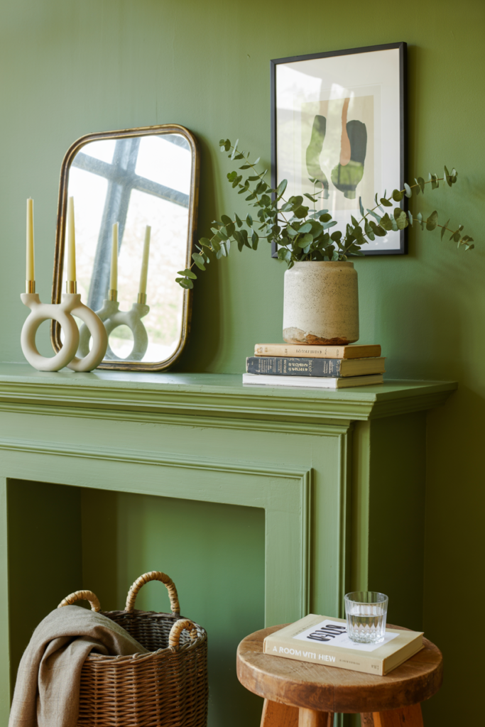 Dill green painted mantel styled with modern sculptural candleholders, stacked books, and a rustic vase of fresh eucalyptus. A gold-framed mirror and abstract wall art add a designer touch, while a wicker basket with a linen throw and a wooden stool with a book and glass of water complete the cozy, curated living space.
