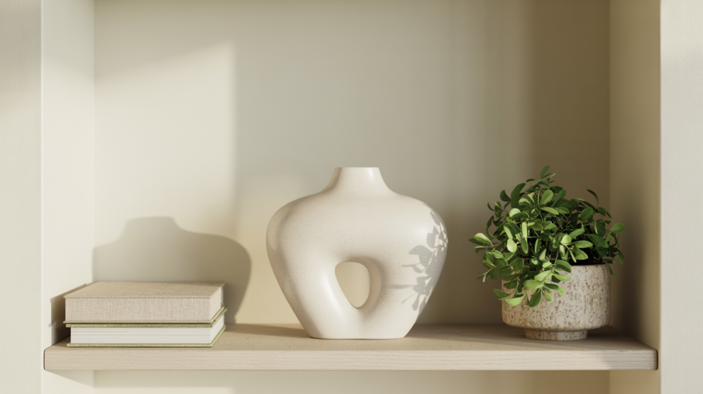 Minimalist summer shelf styled with an off-white sculptural vase, a small leafy green plant in a textured stone planter, and a short stack of linen-bound books in soft neutral tones. Each item is spaced with intention, allowing natural light to cast gentle shadows across the cream-toned wall. The overall look is airy, balanced, and visually calming—ideal for a modern, summer-ready home.