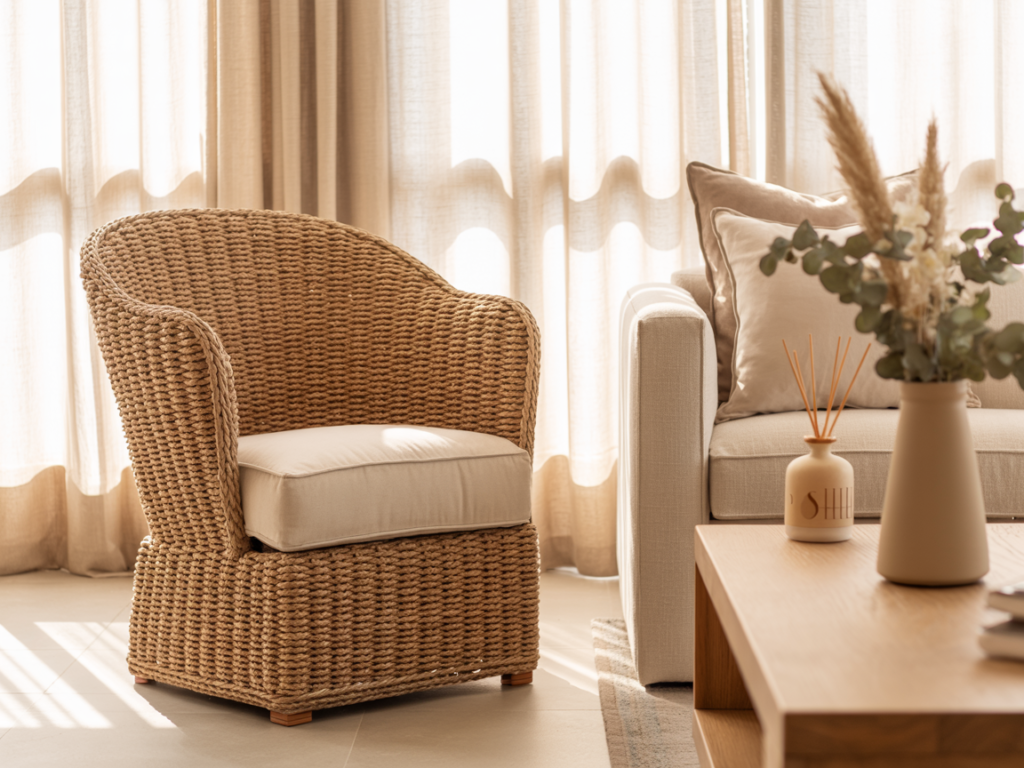 Neutral cozy living room with woven rattan accent chair, beige linen couch layered with soft throw pillows, and a wooden coffee table styled with a reed diffuser and dried florals. Sunlight filters through sheer curtains, creating a warm, minimalist aesthetic.
