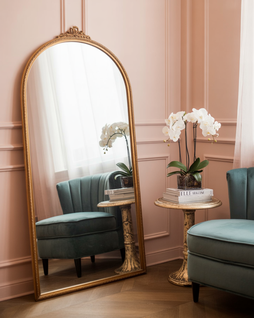 Elegant Parisian-inspired corner with blush pink paneled walls, an ornate gold floor mirror, teal velvet scalloped chairs, a vintage pedestal side table topped with white orchids and fashion books. Feminine, romantic interior with soft natural light.