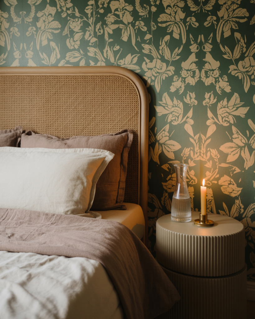Cozy bedroom corner with a rattan cane headboard, blush and ivory linen bedding, and a botanical green and cream floral wallpaper backdrop. A modern ribbed nightstand holds a ribbed glass carafe and a brass candle holder with a lit taper candle. Warm, vintage-inspired ambiance with romantic cottagecore vibes