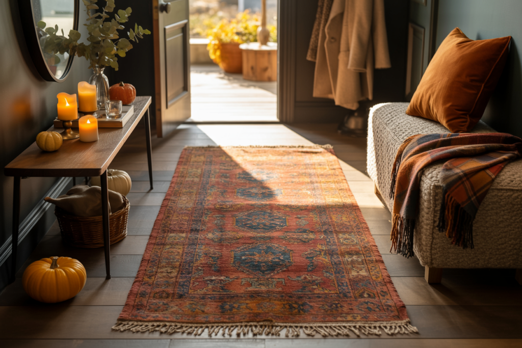 Warm and welcoming fall apartment entryway featuring a rust and navy patterned vintage runner rug, boucle bench with burnt orange pillow and plaid throw, black accent wall, and a slim console table styled with glowing candles, mini pumpkins, eucalyptus, and cozy details—perfect for small space seasonal decor.