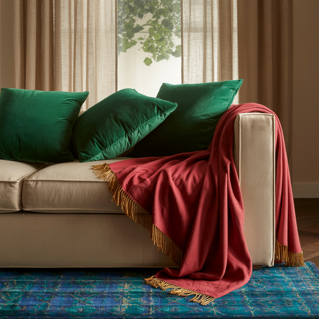 Modern living room with beige sofa, emerald green velvet throw pillows, red throw blanket with gold fringe, and vibrant blue patterned rug in warm natural light.