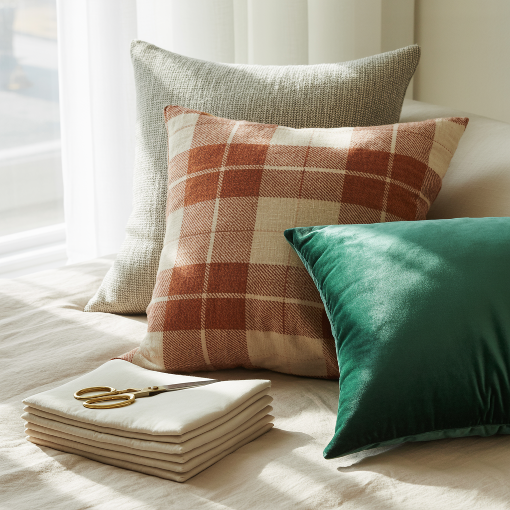 "Bright and airy scene with stacked neutral pillow covers, gold scissors, and a mix of throw pillows in sage green, rust plaid, and emerald velvet, styled on a soft beige surface by a sunlit window.