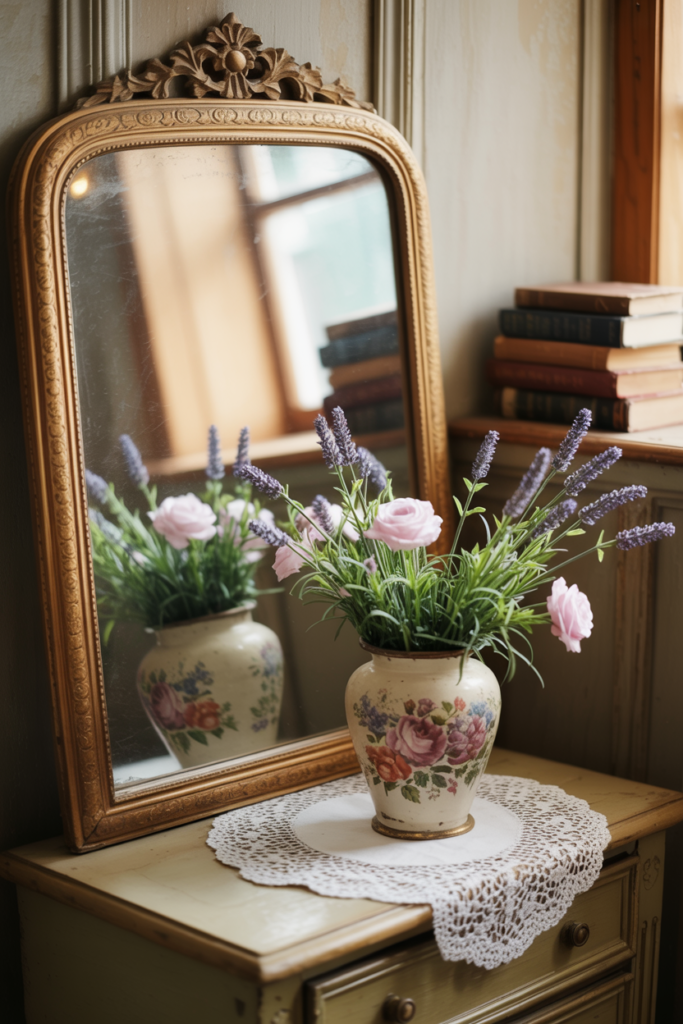 Vintage vanity with ornate gold-framed mirror, floral ceramic vase of lavender and pink roses on a lace doily, and stacked antique books, creating a charming grandmacore cottage look.