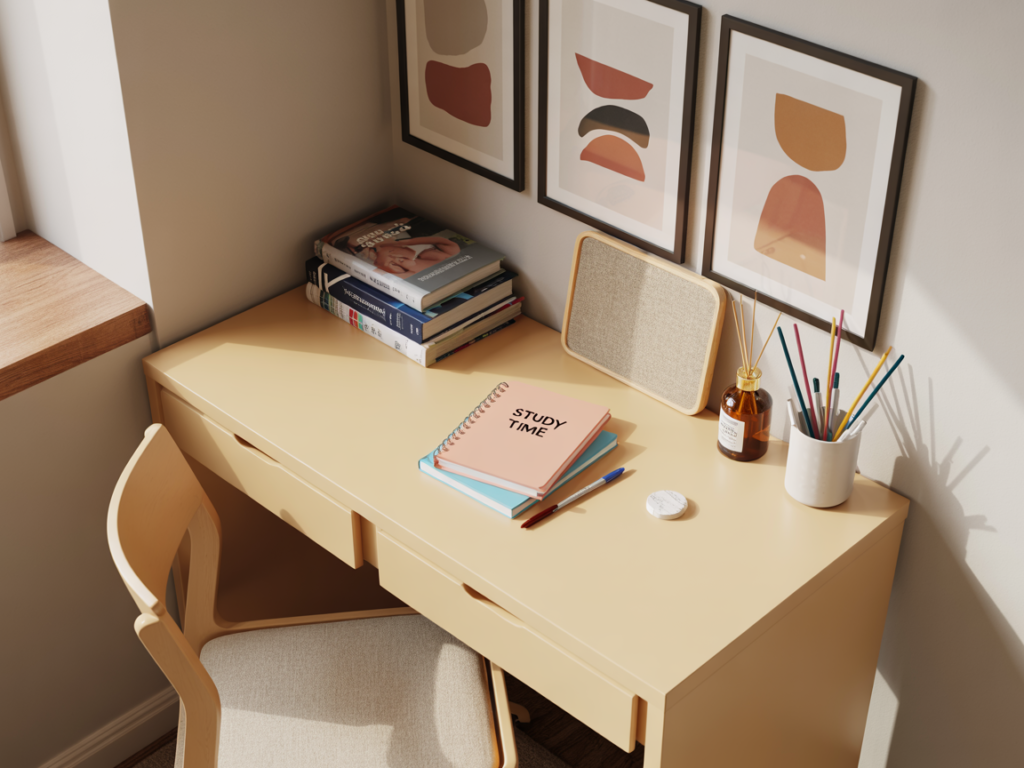 Aesthetic dorm study desk with pastel notebooks, textbooks, colored pencils, amber diffuser bottle, and modern abstract wall art in a sunny college room corner