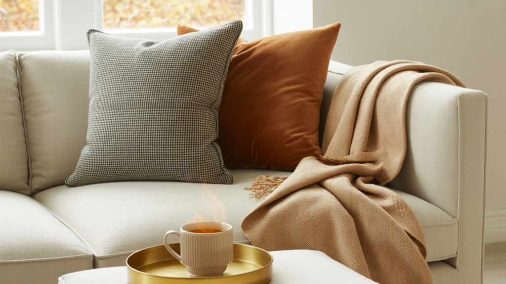 Neutral sofa with a small-scale gingham pillow, rust velvet pillow, camel herringbone throw, and steaming tea in a cream mug on a gold tray.