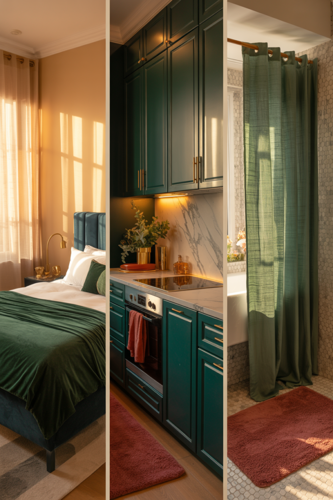 Stylish home interior collage featuring a bedroom with green velvet bedding, modern kitchen with green cabinets and marble backsplash, and bathroom with green shower curtain and red rug, all in warm natural light