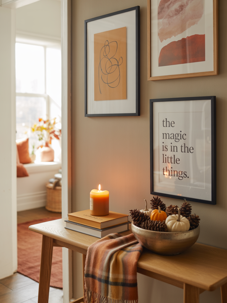 Warm fall entryway with neutral beige walls, framed autumn-inspired artwork, a wooden console table styled with a lit amber candle on stacked books, a plaid scarf, and a metallic bowl filled with pinecones and mini pumpkins—cozy and welcoming seasonal decor that highlights simple fall magic.