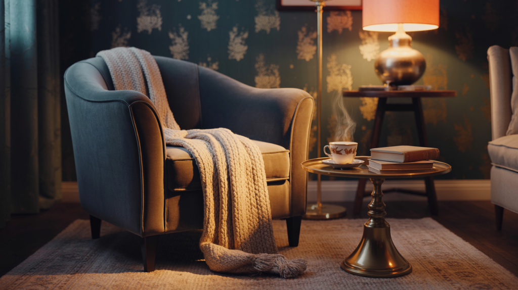 Cozy reading nook with a plush gray armchair draped in a chunky knit blanket, round gold side table holding steaming tea and stacked books, warm table lamp, and dark green wallpaper with metallic gold accents, creating an inviting and serene atmosphere.