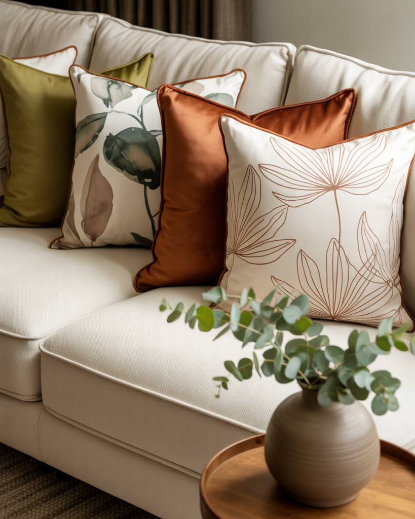 Neutral sofa styled with olive green, rust satin, and botanical print throw pillows, complemented by a round wood side table holding a ceramic vase with fresh eucalyptus stems."