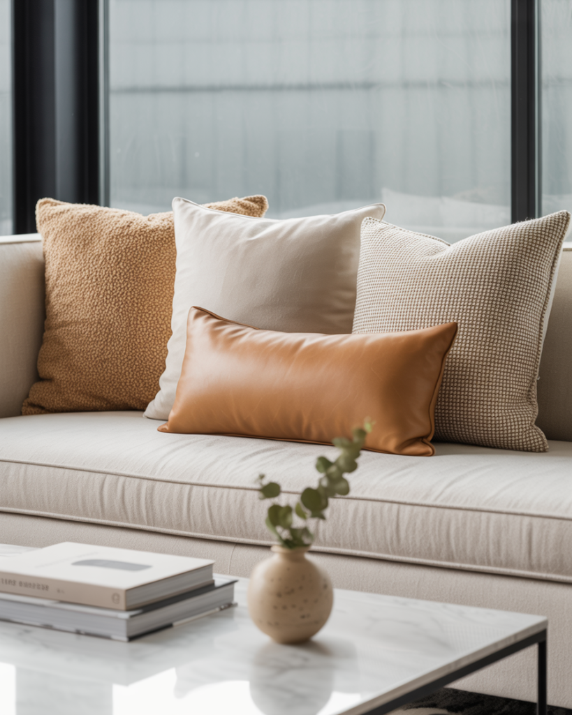 Minimalist living room with a neutral sofa layered with textured tan, cream, and camel leather throw pillows, a marble coffee table with stacked books, and a small vase with greenery.