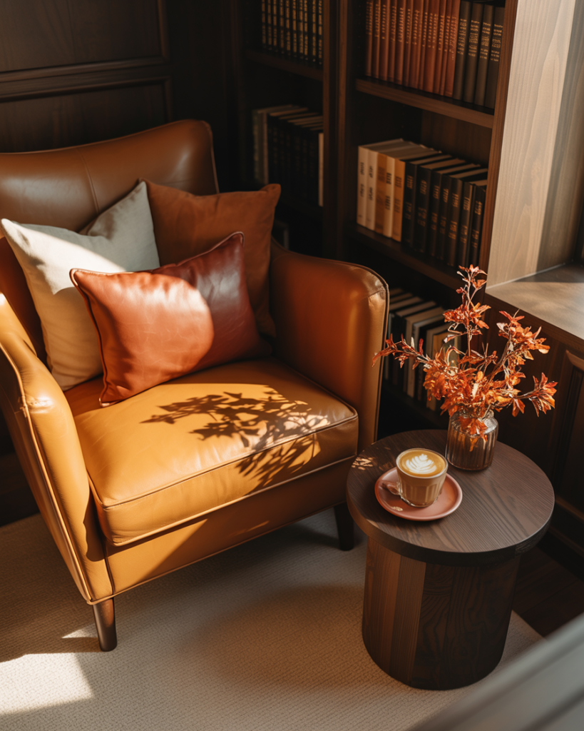 Warm reading nook with a camel leather armchair layered with neutral and rust throw pillows, a dark wood side table holding a latte and autumn floral arrangement, set against a backdrop of built-in bookshelves