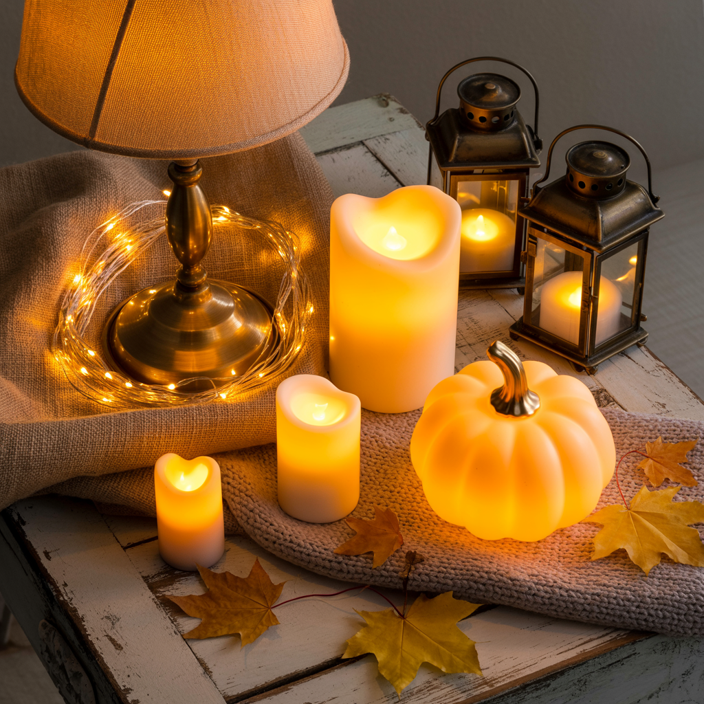 Cozy fall table vignette with glowing LED candles, mini pumpkin light, brass lamp wrapped in fairy lights, rustic lanterns, knit runner, and scattered autumn leaves for warm seasonal ambiance.