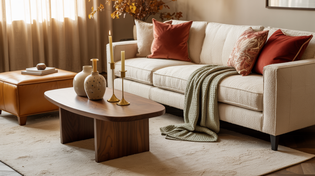 Cozy modern living room with cream textured sofa, burnt orange throw pillows, sage green knit blanket, wooden coffee table with vases and brass candlesticks, leather ottoman, and neutral rug styled in warm fall tones.