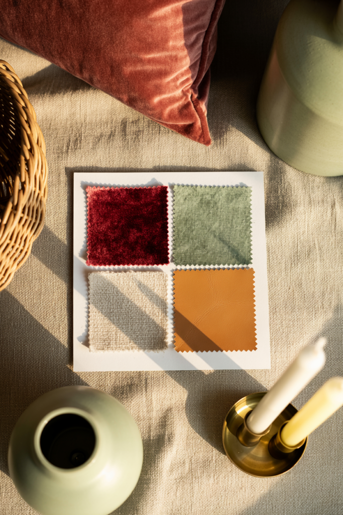 Autumn-inspired fabric swatch board featuring cranberry velvet, sage green linen, cream boucle, and caramel leather textures styled with velvet pillow, woven basket, and brass candlesticks in warm sunlight.