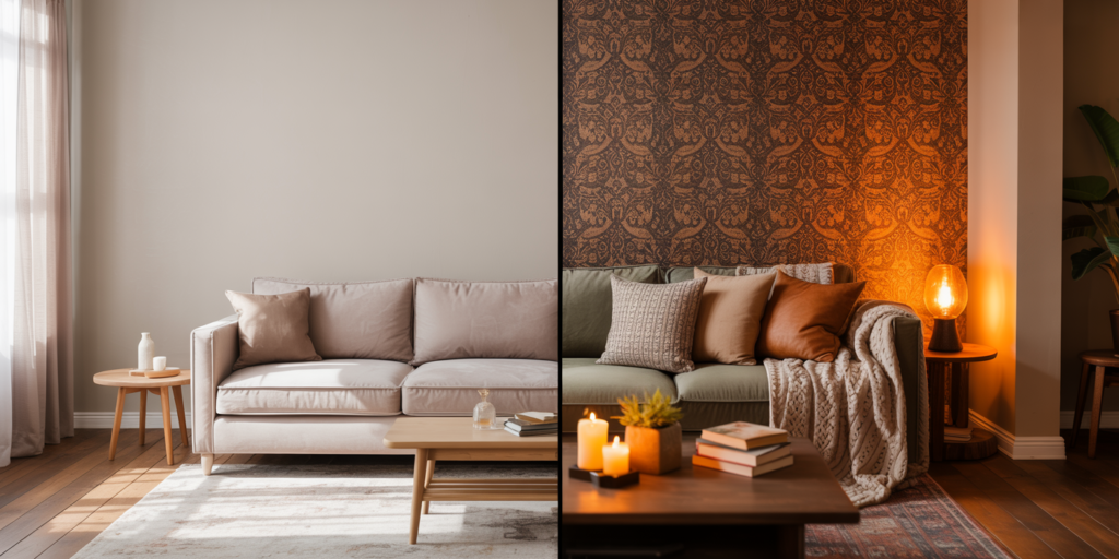 Cozy living room with bold patterned wallpaper in deep earthy tones behind a plush sofa, sofa styled with layered throw pillows in warm browns and soft neutrals, chunky knit throw blanket draped casually over the arm, wooden coffee table in front styled with lit candles, stacked books, and a small plant, warm ambient lighting from a side table lamp with soft orange glow, hardwood floors with a p
