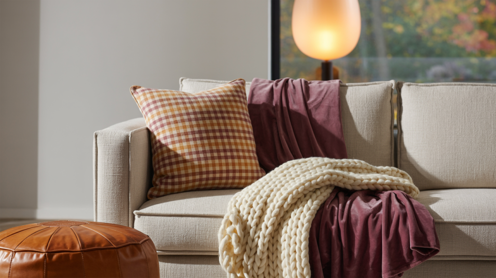 Neutral sofa styled with a rust and gold gingham pillow, burgundy velvet throw, chunky cream knit blanket, and leather pouf, with soft autumn light filtering through a window.