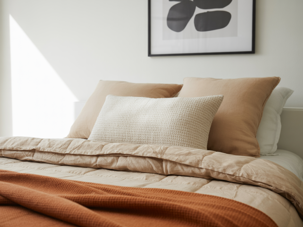 Minimalist neutral bed setup with beige and tan linen bedding, rust-colored throw blanket, and textured cream accent pillow beneath modern black and white abstract wall art in a bright dorm room