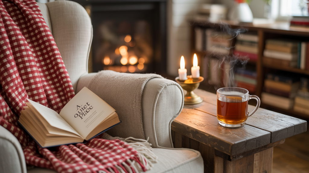 Cozy fall reading nook with a red gingham throw, open book, steaming cup of tea on a rustic wooden side table, and flickering candles by a warm fireplace.