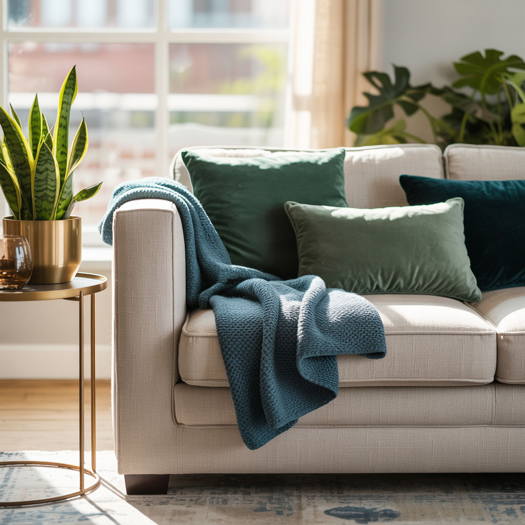 Modern living room with beige sofa, green velvet throw pillows, teal knit blanket, gold side table with snake plant, and large leafy houseplant in bright natural light.