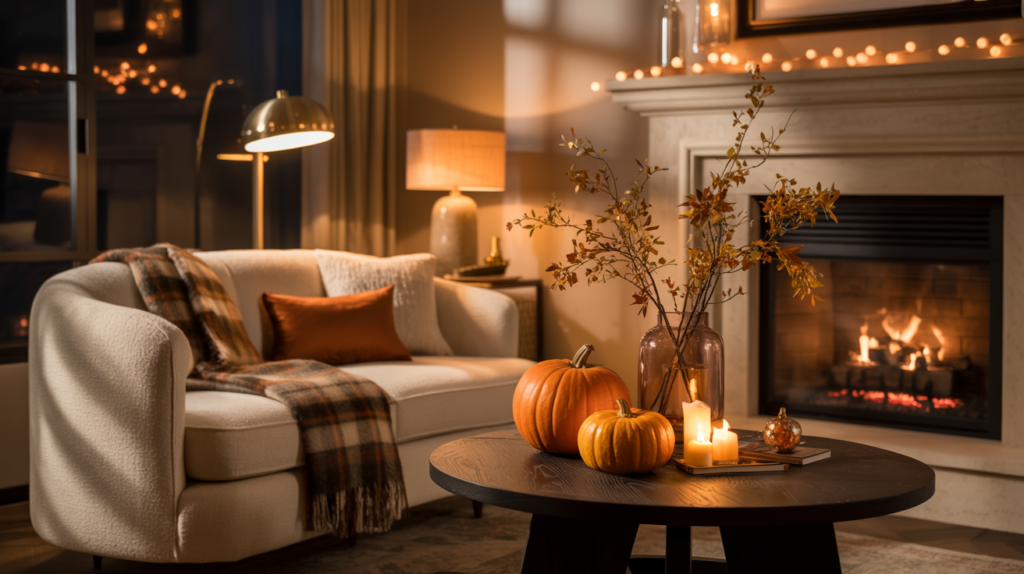 Cozy fall living room with a curved cream sofa styled with a plaid throw and burnt orange pillow, warm ambient lighting, and a crackling fireplace. A round black coffee table is decorated with pumpkins, autumn branches in a glass vase, and lit candles, creating an inviting seasonal atmosphere.