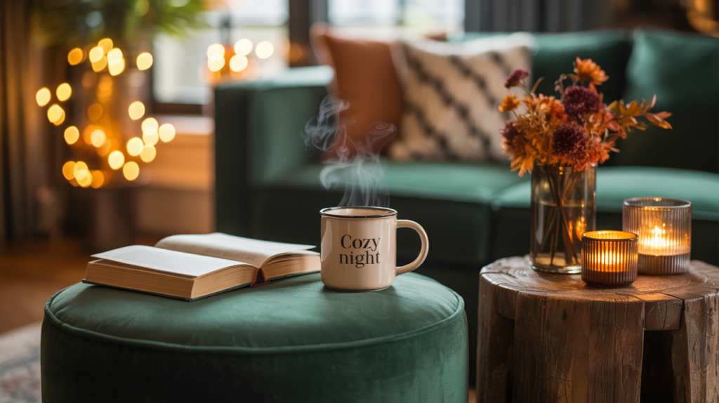 Cozy fall living room with green velvet ottoman, steaming mug labeled 'Cozy night,' open book, warm candlelight, and autumn flowers in a glass vase, blurred bokeh lights in the background.
