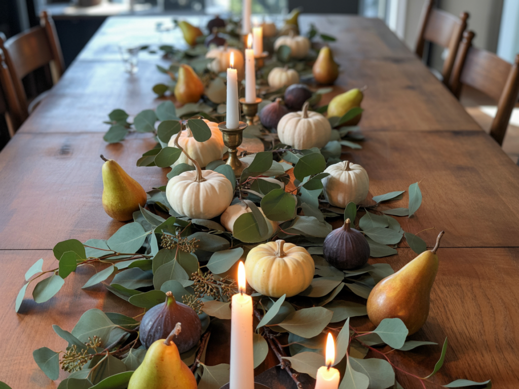 Rustic fall tablescape with white mini pumpkins, fresh pears, figs, eucalyptus greenery, and glowing candles styled as a natural autumn centerpiece.