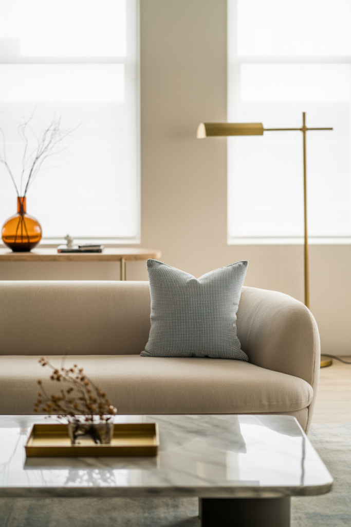 Minimalist living room with a curved beige sofa, small-scale gingham pillow, marble coffee table with gold tray, amber vase, and modern gold floor lamp.