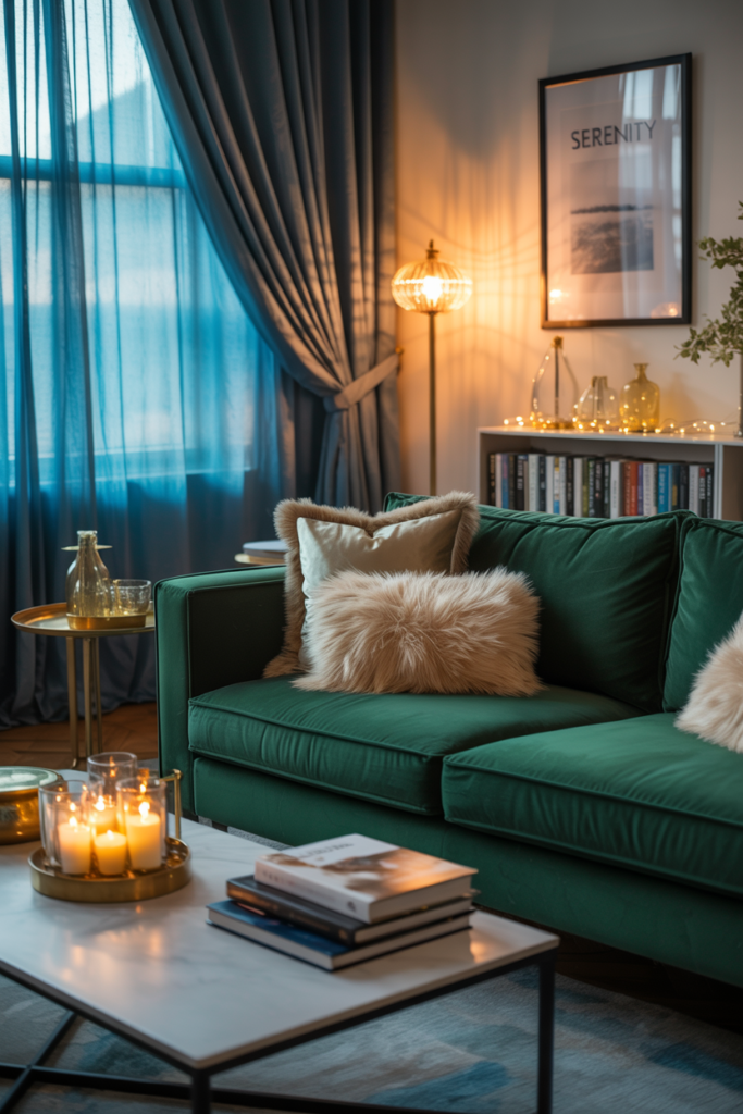 Chic living room with emerald green velvet sofa, beige faux fur throw pillows, marble coffee table with candles and books, blue curtains, and warm ambient lighting for a cozy evening atmosphere