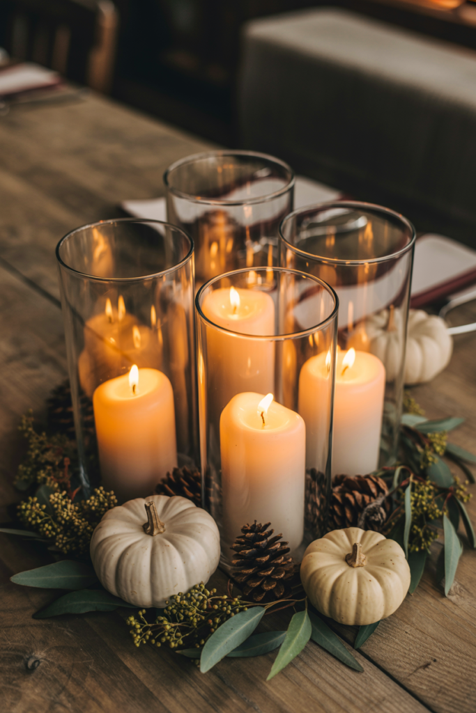 Warm autumn kitchen scene with a polished copper kettle on a wooden countertop, surrounded by stacked ceramic mugs, small decorative pumpkins, a wooden cutting board, a lit fall-scented candle, and a glass vase with autumn foliage against a white subway tile backsplash.