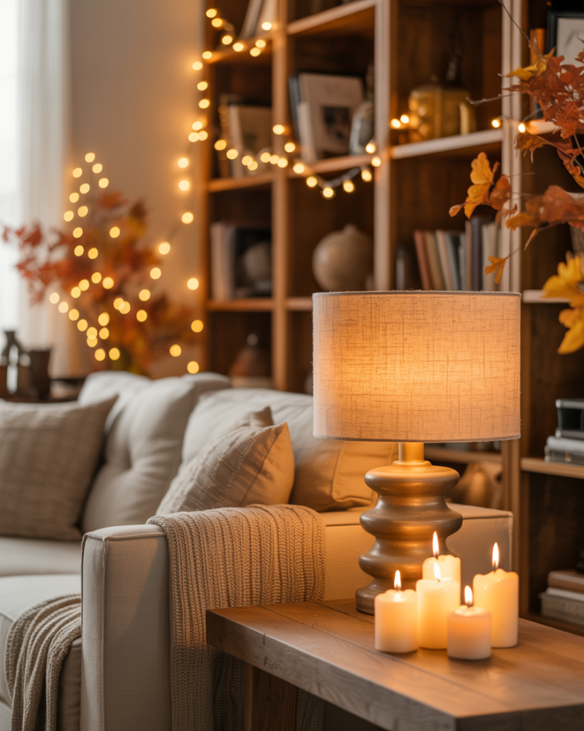 Cozy fall living room with warm table lamp and glowing candles on a rustic side table, neutral sofa with knit throw, autumn leaves in vases, and twinkling string lights draped across wooden bookshelves for a warm seasonal glow.