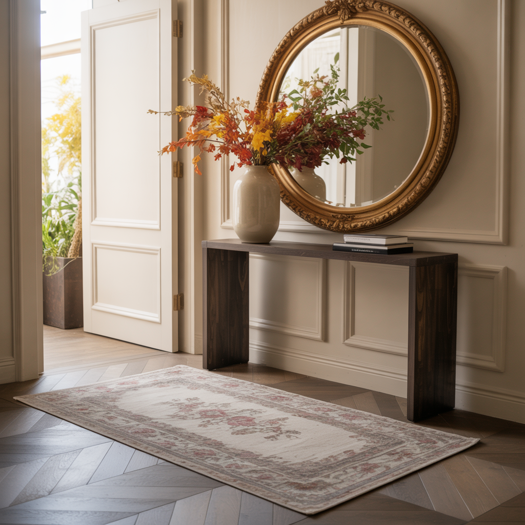 Elegant fall entryway with dark wood console table, gold ornate round mirror, ceramic vase of autumn leaves, and vintage-inspired rug on herringbone wood floors for a warm seasonal home decor look