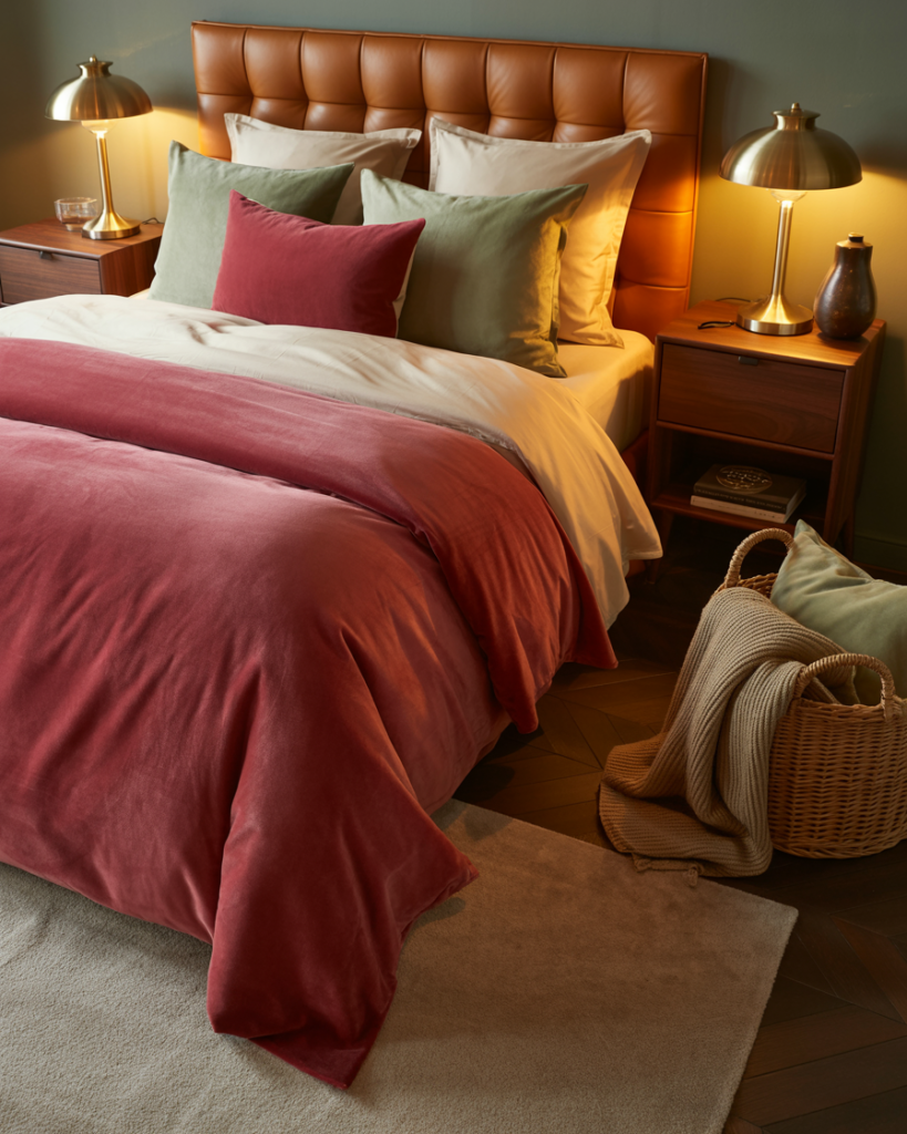 Cozy modern bedroom with tufted leather headboard, layered bedding in deep red and sage green, neutral sheets, gold bedside lamps, wooden nightstands, and woven basket with throw blanket and pillow for warm fall-inspired style.