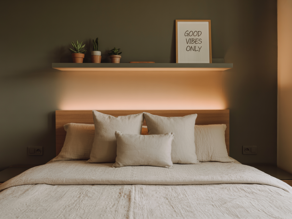 Minimalist dorm room with earthy olive green walls, neutral bedding, warm backlit headboard, floating shelf styled with small potted plants and a framed 'Good Vibes Only' quote