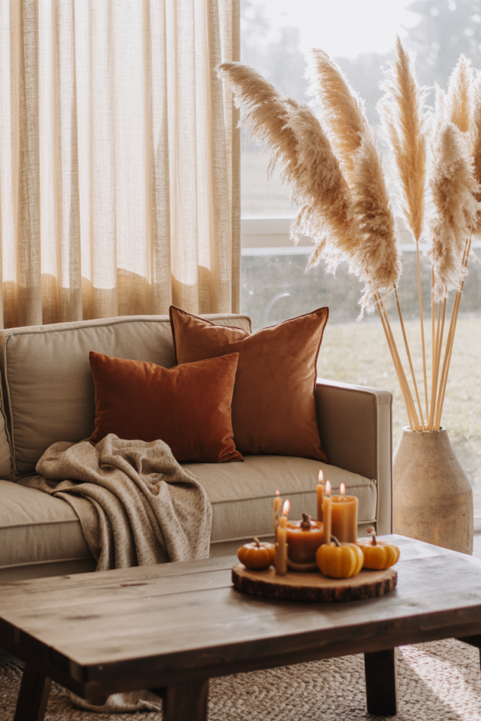 Cozy fall living room with neutral sofa styled with burnt orange velvet pillows, beige knit throw, rustic wooden coffee table decorated with lit autumn candles and mini pumpkins, and pampas grass in a large ceramic vase by the window.