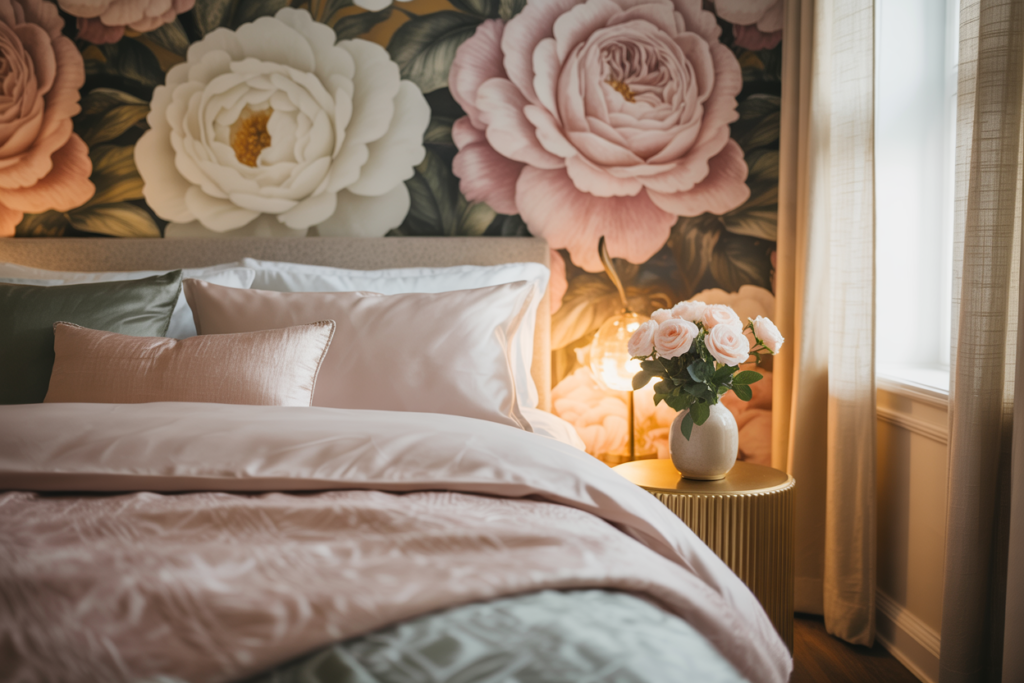 Elegant bedroom with blush pink bedding, satin accent pillows, and a gold side table holding a vase of fresh pink roses, set against a dramatic oversized floral wallpaper in soft pastel tones, bathed in natural light from a nearby window.