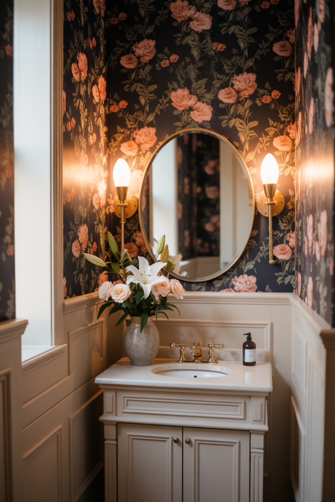 Elegant powder room with navy floral wallpaper, cream wainscoting, and a white vanity topped with gold fixtures, featuring a round mirror flanked by warm wall sconces and a vase of blush roses and white lilies for a refined, vintage-inspired look.