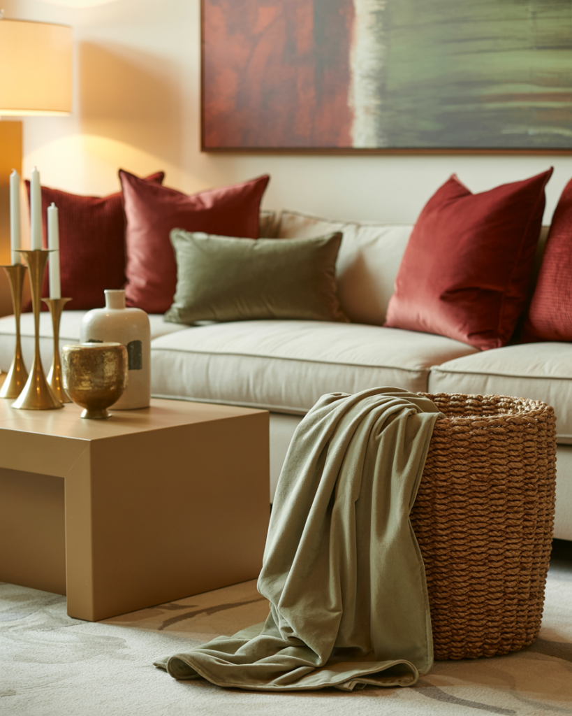 Modern living room with beige sofa styled with deep red and sage green throw pillows, woven basket holding soft green blanket, gold candleholders and ceramic vase on neutral coffee table, warm ambient lighting and abstract wall art