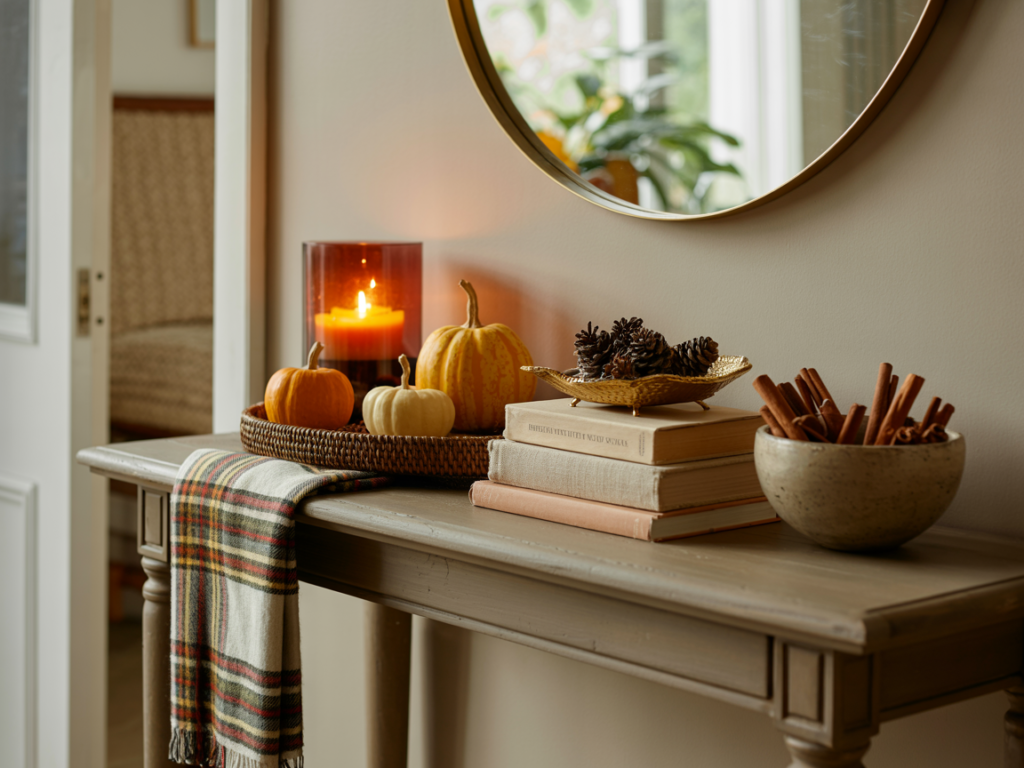Styled fall entryway console with a round mirror above, featuring a woven tray with mini pumpkins and a glowing candle, stacked neutral books, a gold leaf bowl of pinecones, a ceramic bowl of cinnamon sticks, and a plaid scarf draped over the edge—perfect cozy autumn decor for small spaces.