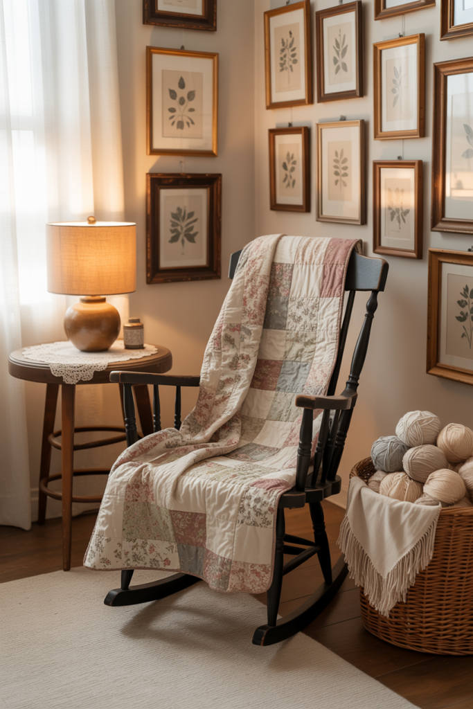 Cozy grandmacore corner with black wooden rocking chair draped in a patchwork quilt, wicker basket filled with yarn balls, side table with lace doily and warm table lamp, and a gallery wall of vintage botanical prints.
